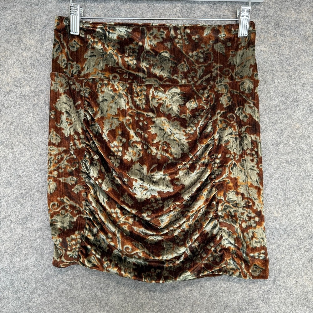 Free People Floral Velvet Mini Skirt Medium Rust Ruched Velour Pull On Stretch